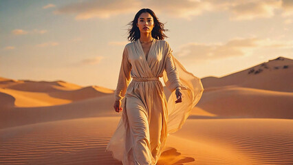 Mystical woman in beige dress walking through golden desert dunes at sunset