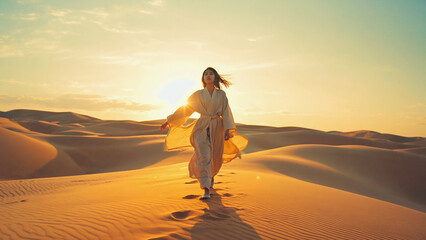 Graceful woman walking in golden desert at sunrise wearing flowing robe in ethereal cinematic light