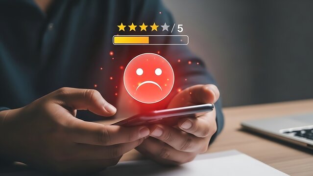 man holding smartphone with rating and unhappy face on screen - Powered by Adobe