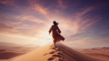 Woman in flowing robe walking on desert dune at sunset with dramatic purple sky