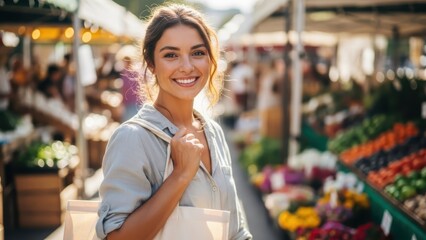 Happy woman shopping at a farmer market. Beautiful caucasian buyer with eco-friendly bag. Healthy lifestyle, organic produce, local business concept.