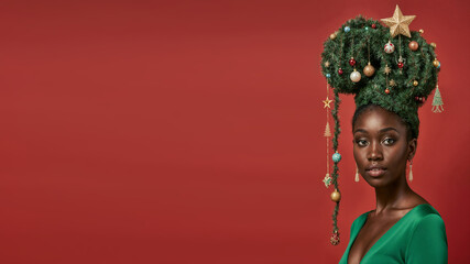 Photorealistic portrait of a black woman in a bright green dress, evening makeup, and a high cone hairstyle styled as a Christmas tree with ornaments, garlands, glowing star on top, soft frontal ligh