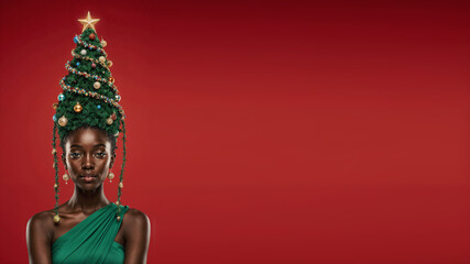 Photorealistic portrait of a black woman in a bright green dress, evening makeup, and a high cone hairstyle styled as a Christmas tree with ornaments, garlands, glowing star on top, soft frontal ligh