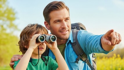 Father and caucasian son on outdoor adventure. Man and boy hiking with backpack. Happy family exploring trip and travel concept for summer vacation.