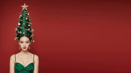 Photorealistic portrait of a asian woman in a bright green dress, evening makeup, and a high cone hairstyle styled as a Christmas tree with ornaments, garlands, glowing star on top, soft frontal ligh