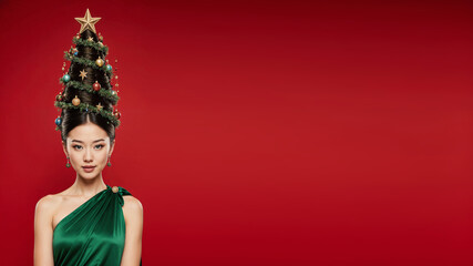 Photorealistic portrait of a asian woman in a bright green dress, evening makeup, and a high cone hairstyle styled as a Christmas tree with ornaments, garlands, glowing star on top, soft frontal ligh