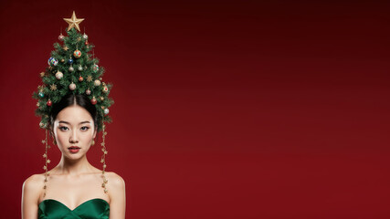 Photorealistic portrait of a asian woman in a bright green dress, evening makeup, and a high cone hairstyle styled as a Christmas tree with ornaments, garlands, glowing star on top, soft frontal ligh