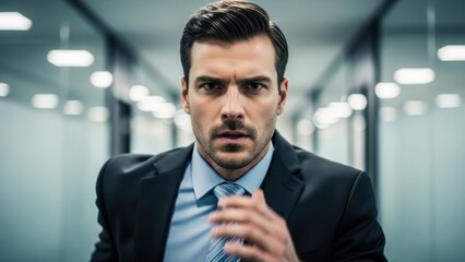 Caucasian man in business suit running for success in modern office environment. Determined male professional with sharp gaze for corporate challenge and deadline.
