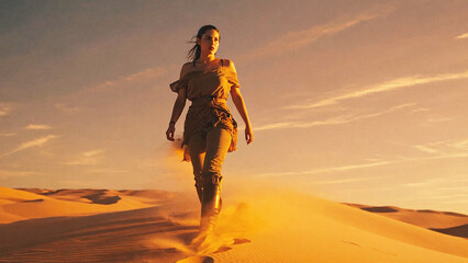 Woman walking in desert at golden hour with sand blowing around her in dramatic light