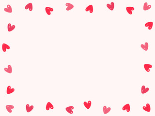 Simple cute horizontal empty frame of colorful red hearts drawn with brush strokes on light background, Valentine's Day frame, hand-drawn vector illustration, copy space, flat style