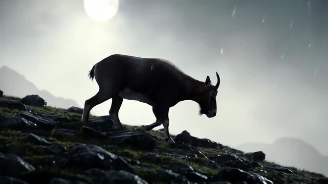 Majestic ibex walks mountain rocks, moonlight, alpine wildlife adventure.