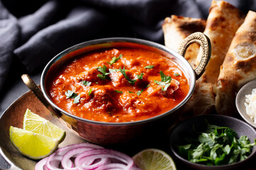 Spicy chicken curry with naan bread, fresh herbs, lime wedges and aromatic spices. Dark background. Close up.