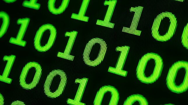 Digital code displayed on a screen with binary numbers in green on a dark background - Powered by Adobe