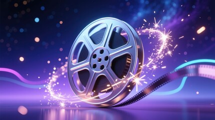 Futuristic film reel with purple neon light trails and sparkles on violet background