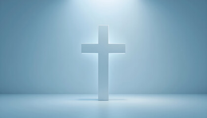 Obraz premium White Cross in Spotlight, Minimalist Blue Room Evoking Solitude and Spiritual Reflection
