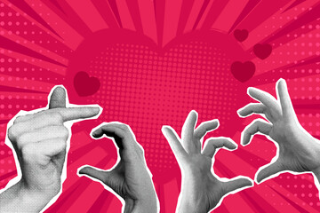 Pop art comic background decorated with hands showing heart gestures. Retro style background with color halftone, dots and rays. Vector illustration