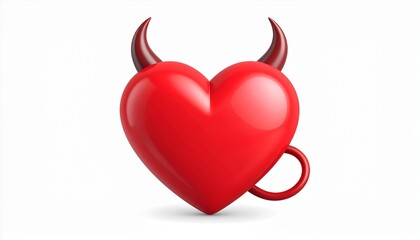 3d romantic illustration of red heart with devil horn and tail on white color background. 3d love design of heart for valentine day symbol