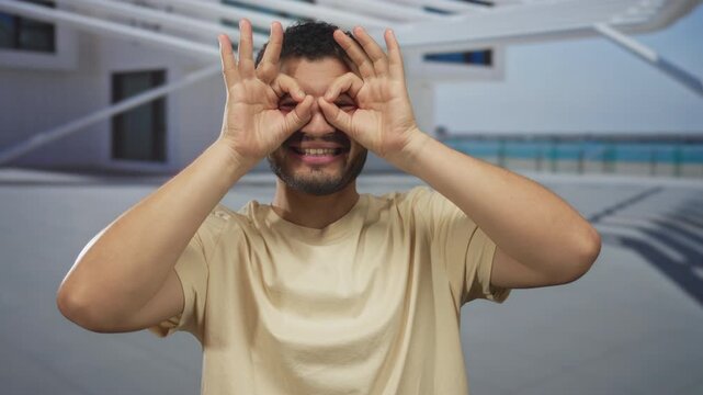Man in beige shirt makes hand binoculars gesture with fingers framing eyes outside modern building; exploring curiosity.