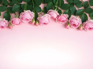 Pink roses and leaves on light pink background