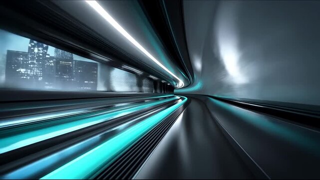 Futuristic high speed tunnel loop with cyan neon lights and city skyline reflection, abstract sci-fi technology background