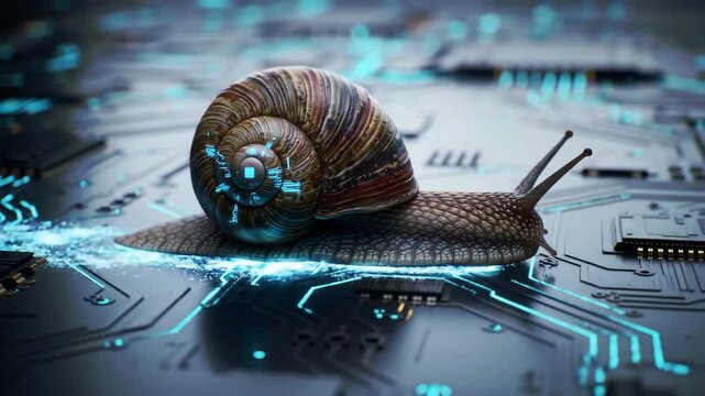 Snail crawling on circuit board, futuristic concept, representing slow tech or data transfer