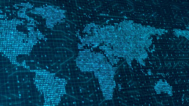 Digital World Map of Binary Code and Numbers on Futuristic Global Network Background