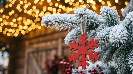 A red snowflake decoration hangs from a frosty Christmas tree branch in a festive outdoor setting with blurred background lights