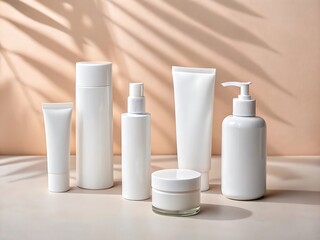 Various white cosmetic containers arranged on a light beige surface, with sunlit palm frond shadows