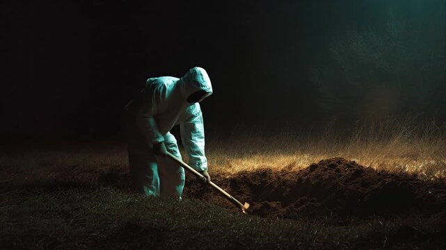 Person in protective suit digging grave with a shovel at night. Concept of burial, pandemic, or secret operation. Mystery and danger. Man dig hole in ground. Tomb raiding, treasure hoard hunting.