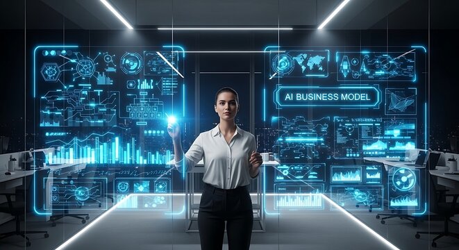 Businesswoman interacting with futuristic AI business model interface
