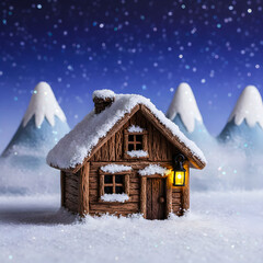 Wooden hut in snowy mountains in the early evening with a lantern on the door and stars in the sky