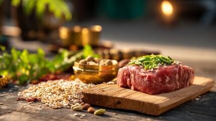 Ethical Livestock Preparation for Ritual Sacrifice with Fresh Ingredients Displayed