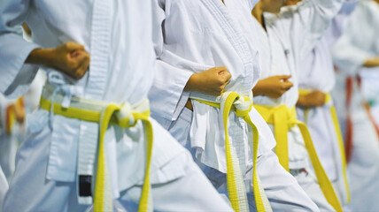Group of children practicing martial arts with yellow belts indoors