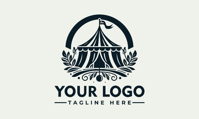 A vector logo design featuring a stylized circus tent with leaves and a circular frame on a light green background, with space for a custom logo and tagline. © nuaari