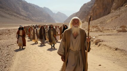 Moses leading the Israelites through the desert during Exodus biblical prophet guiding people across wilderness landscapes, spiritual leadership faith journey ancient history, Old Testament narrative