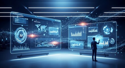 Fototapeta premium Businessman analyzing data on futuristic AI screens in modern office