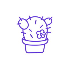 Potted Cactus Icon. Thin Line Illustration of Succulent Plant with Spines and Flower in Container, Pictogram of Houseplant Decor, Desert Flora, Botanical Minimalism and Indoor Gardening.