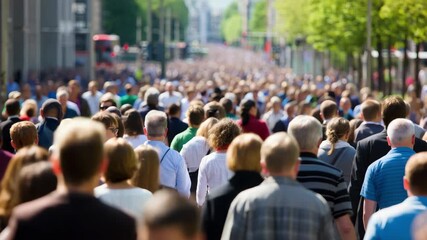 Large urban crowd moving through city street during daytime, symbolizing modern society, daily rush hour, human flow, anonymity, metropolitan rhythm and high population density in public space