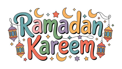 Naklejka premium Ramadan Kareem: Celebrate the holy month of Ramadan with this colorful and festive illustration, evoking feelings of spirituality, togetherness, and joy.