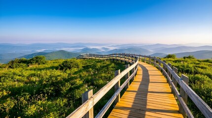 Obraz premium A serene wooden boardwalk winding through lush greenery towards distant mountains under a clear blue sky