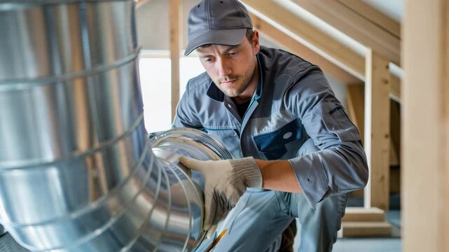 Ventilation system installation in an attic space with professional worker, HVAC maintenance, metal ductwork assembly, home air quality improvement, residential construction industry