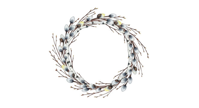 Watercolor pussy willow and birch branch wreath on black