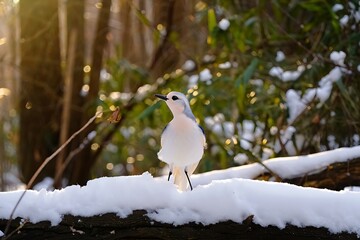 Naklejka premium White bird standing on snowy branch in winter