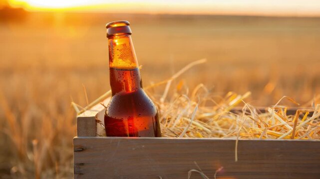 Beer bottle resting on straw in wooden crate against sunset, rustic countryside beverage setting, refreshing drink chill, summer evening relaxation, artisanal ale brewing, outdoor enjoyment