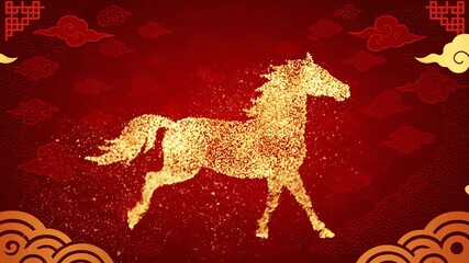 Golden Horse Silhouette on Red Chinese New Year Background with Clouds.