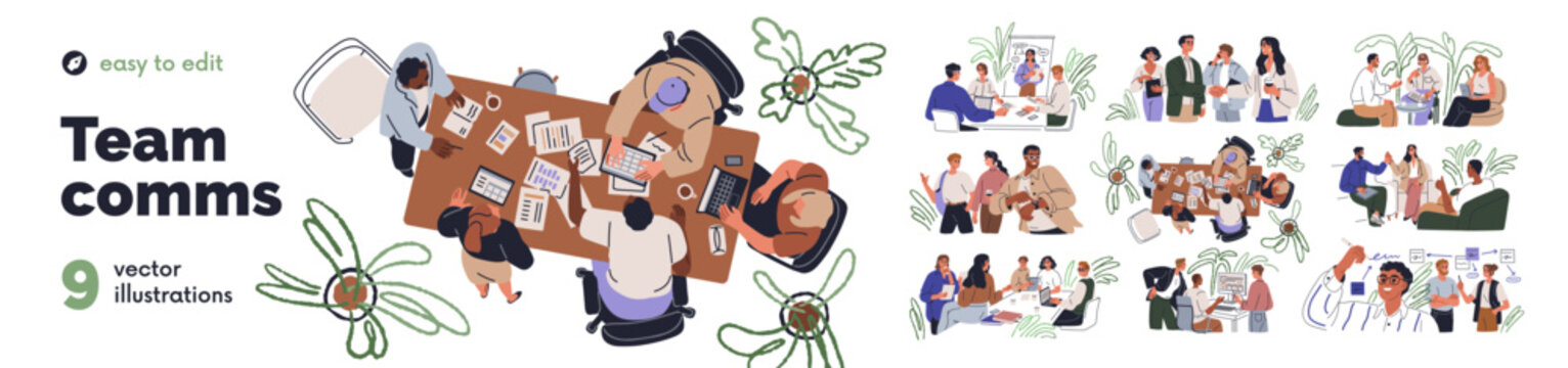 Team communication, teamwork set. Business people, office colleagues meeting at conference tables together for work discussion, brainstorming. Flat vector illustrations isolated on white background