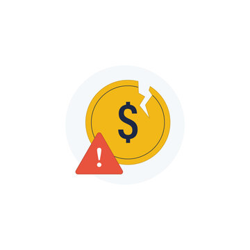 Broken Dollar Coin with Warning Sign Vector Illustration. Financial Crisis Concept Design