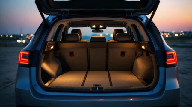 Open hatchback trunk at dusk, lit cargo area with folded rear seats, empty spacious boot for luggage, urban bokeh lights in background, evening travel prep, tailgate open, interior lamp glow