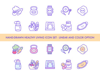 Healthy Living Icon Set - Hand Drawn Naive Linear and Color Pack of Vegetables, Kettlebell, Smartwatch, Plate, Fried Egg, Water Bottle, Basket, Scale and Sleep Mask for Fitness and Nutrition.
