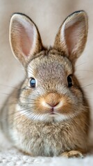 Obraz premium cute fluffy baby bunny portrait, cozy mood, soft daylight, minimal background, vertical
